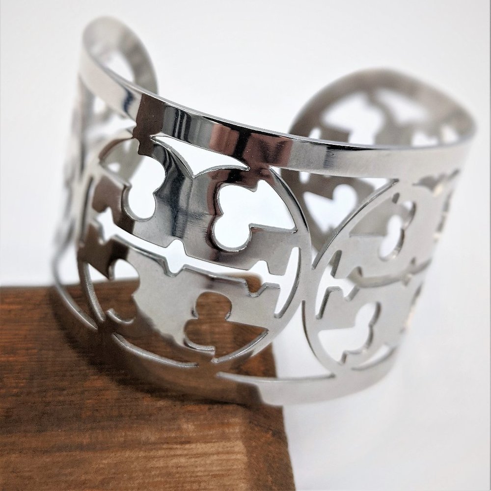 Tory Burch Silver Tone Wide Cuff Logo Bracelet